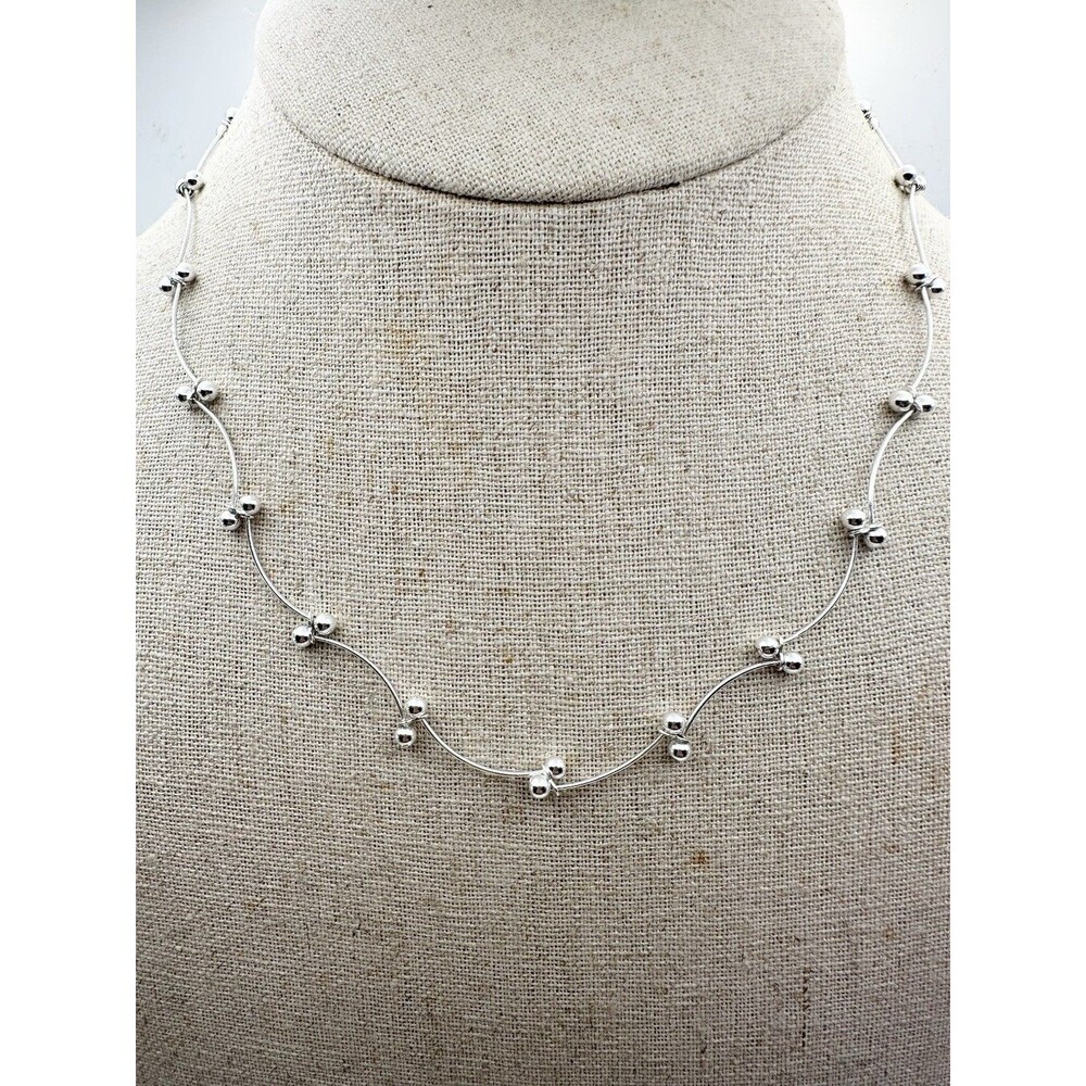 IBB Italy 925 Sterling Silver Wavy Bar & Bead Station Necklace 16”
